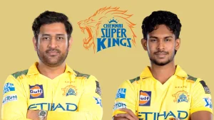 MS Dhoni and Matheesha Pathirana in Chennai Super Kings jerseys with the team logo in the background.