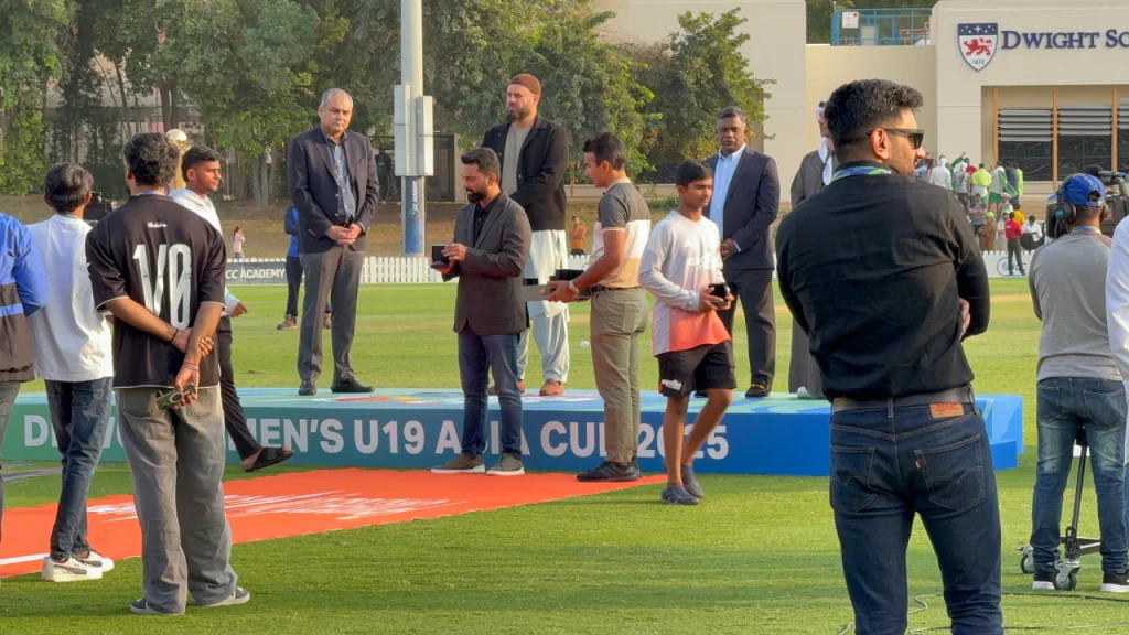 Emirates Cricket Board General Secretary Mubashshir Usmani presenting runner-up medals to the Indian U19 team as PCB Chair Mohsin Naqvi and Afghanistan Cricket Board Chair Mirwais Ashraf observe during the DP World Men’s U19 Asia Cup 2025 ceremony.