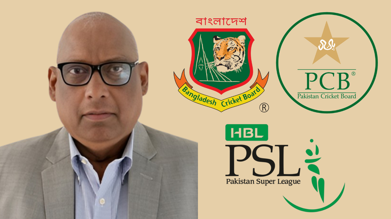 Nazmul Aberdeen alongside logos of Bangladesh Cricket Board (BCB), Pakistan Cricket Board (PCB), and Pakistan Super League (PSL) on a beige background