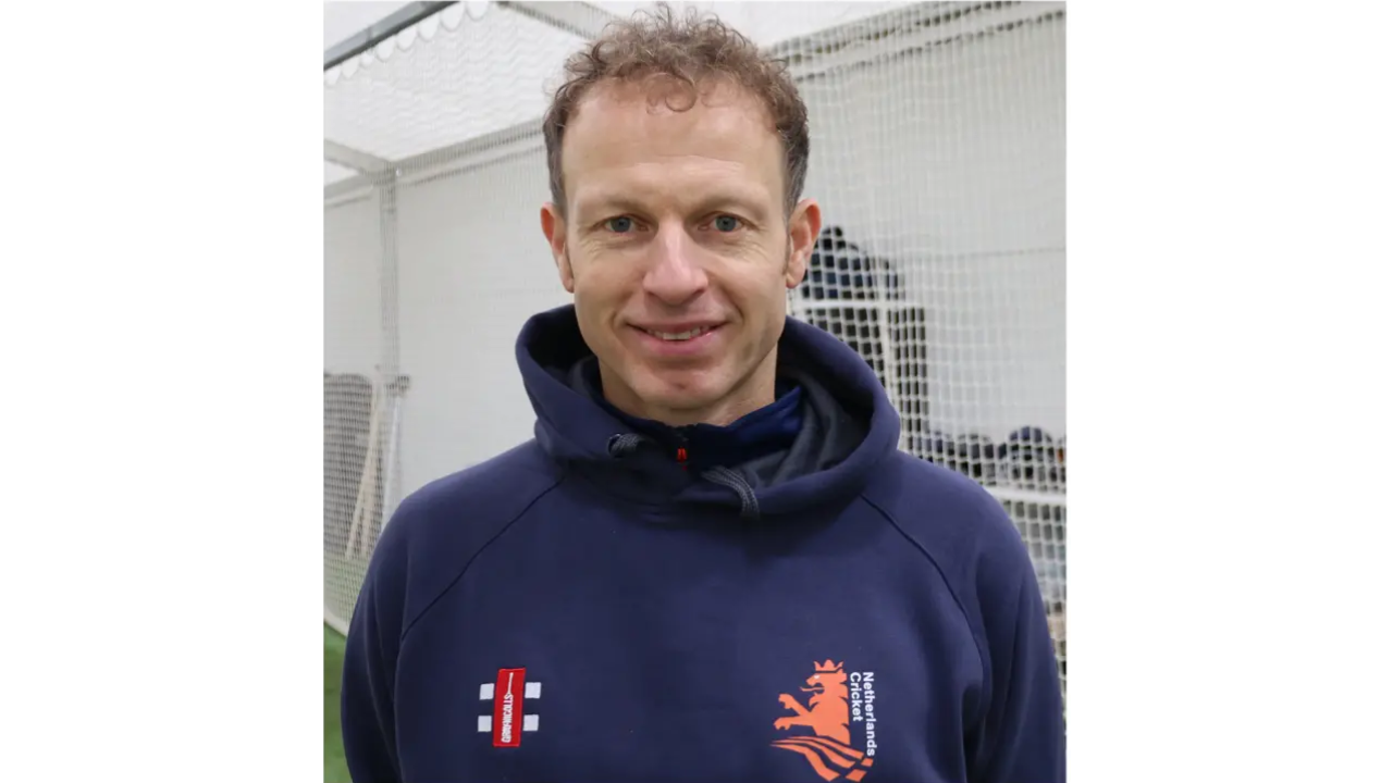 Neil MacRae wearing a Netherlands Cricket (KNCB) hoodie during a training session in 2025.
