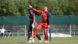 Former Netherlands captain Pieter Seelaar wearing the Netherlands cricket jersey during a match.