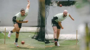 Two New Zealand cricketers in training gear bowling during a net session on a practice pitch.