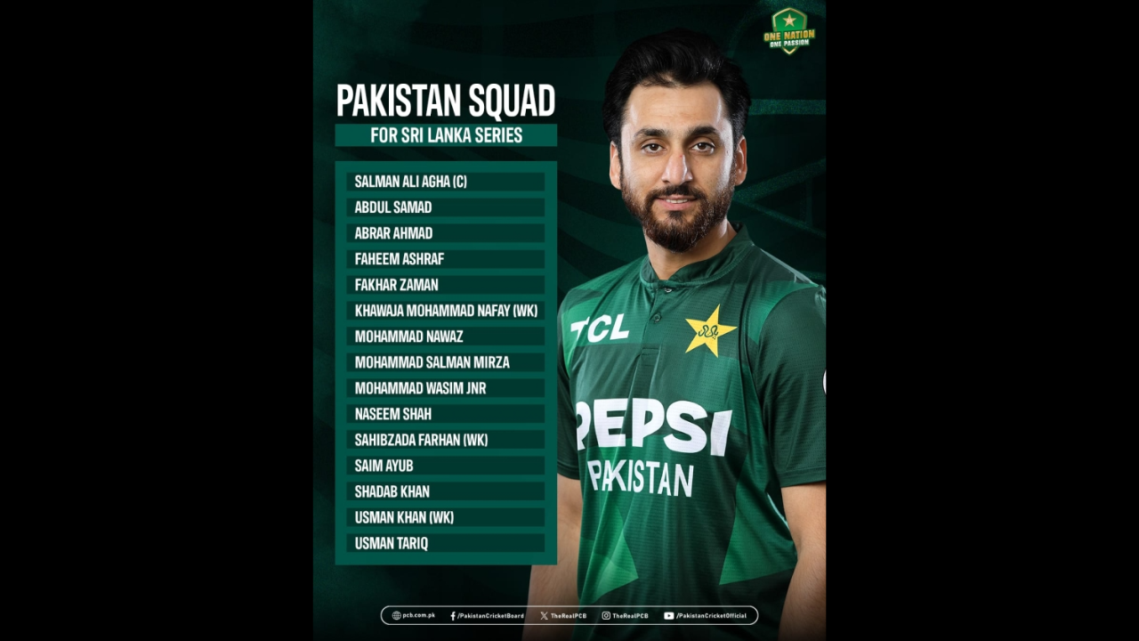 Pakistan cricket squad list for Sri Lanka series 2025 with captain Salman Ali Agha featured in official team jersey.