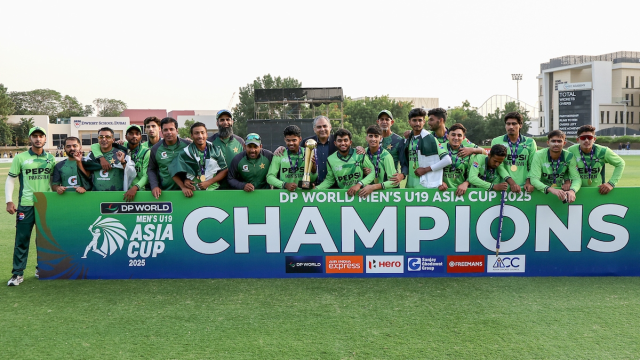 Pakistan U19 cricket team celebrating their victory with the trophy and Mohsin Naqvi after winning the DP World Men’s U19 Asia Cup 2025.
