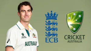 Pat Cummins in Australia Test jersey with Cricket Australia and England and Wales Cricket Board (ECB) logos, representing Ashes 2025 rivalry.