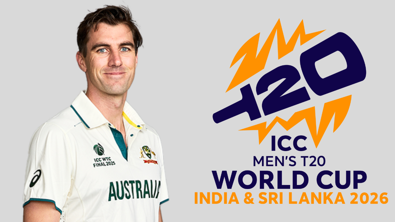 Australia captain Pat Cummins pictured alongside the ICC Men’s T20 World Cup 2026 logo for India and Sri Lanka.