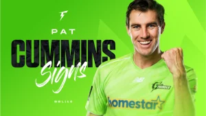 Pat Cummins celebrates after signing with Sydney Thunder for BBL 15, wearing the team's green jersey with Homestar sponsor logo