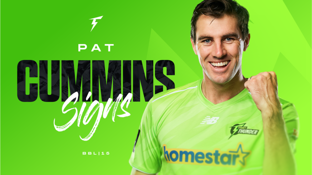 Pat Cummins celebrates after signing with Sydney Thunder for BBL 15, wearing the team's green jersey with Homestar sponsor logo