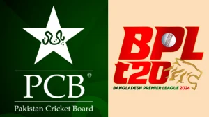 Logos of Pakistan Cricket Board (PCB) and Bangladesh Premier League (BPL) T20 2024 side by side on a split background.