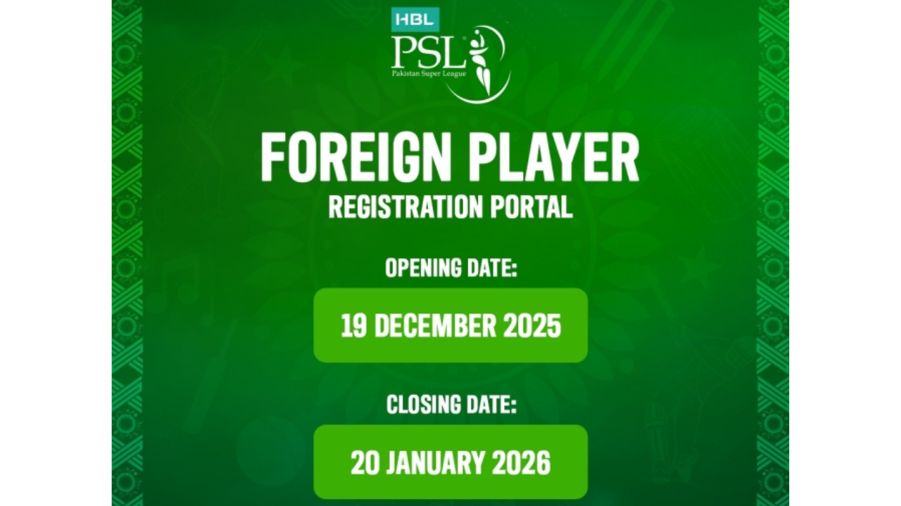 PSL 2026 foreign player registration portal with opening date 19 December 2025 and closing date 20 January 2026