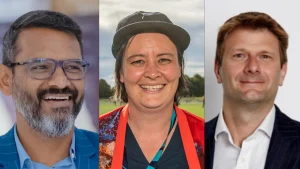 Portrait collage of R. Sridhar, Sarah Tsukigawa, and Michael Wilshaw, key cricket figures and officials in 2025
