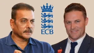 Ravi Shastri and Brendon McCullum with the England and Wales Cricket Board (ECB) logo in the center, representing coaching and cricket analysis themes.