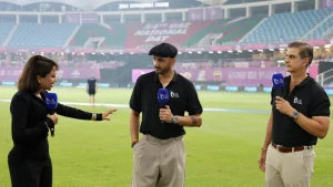 Ridhima Pathak interviewing Harbhajan Singh and Nikhil Chopra during ILT20 coverage at Dubai International Stadium