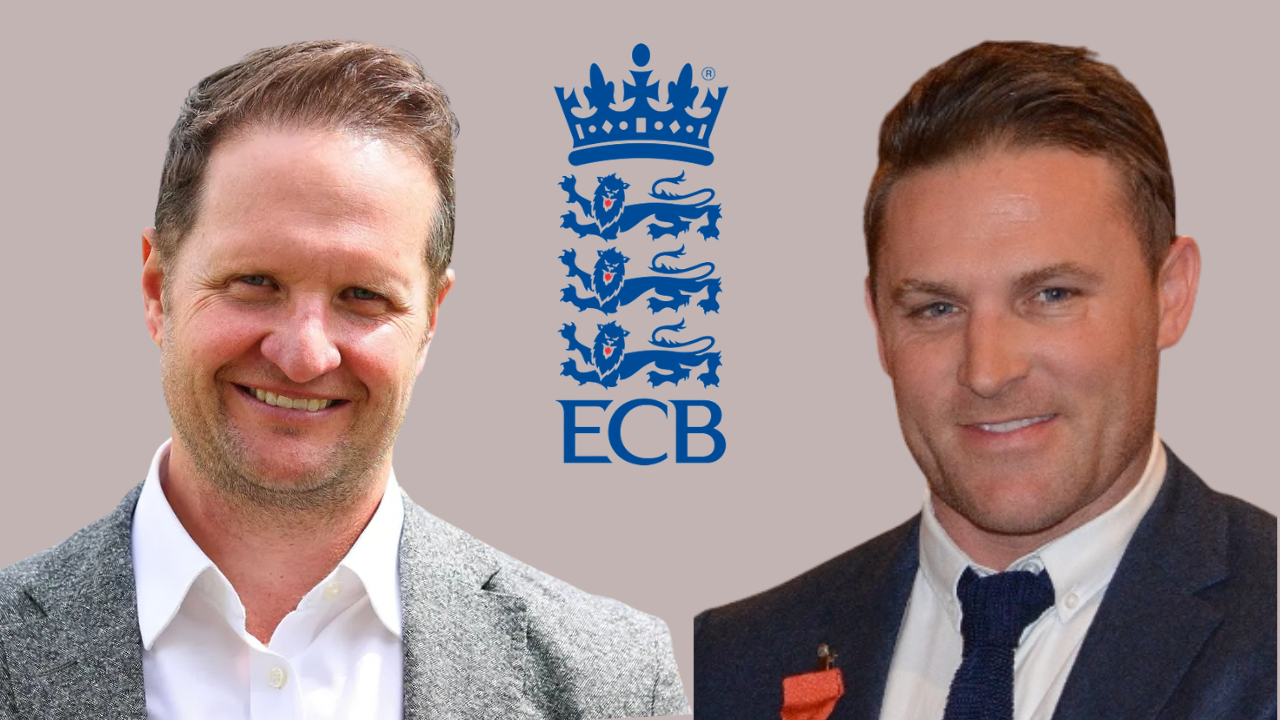 Rob Key and England head coach Brendon McCullum pictured alongside the England and Wales Cricket Board (ECB) logo.