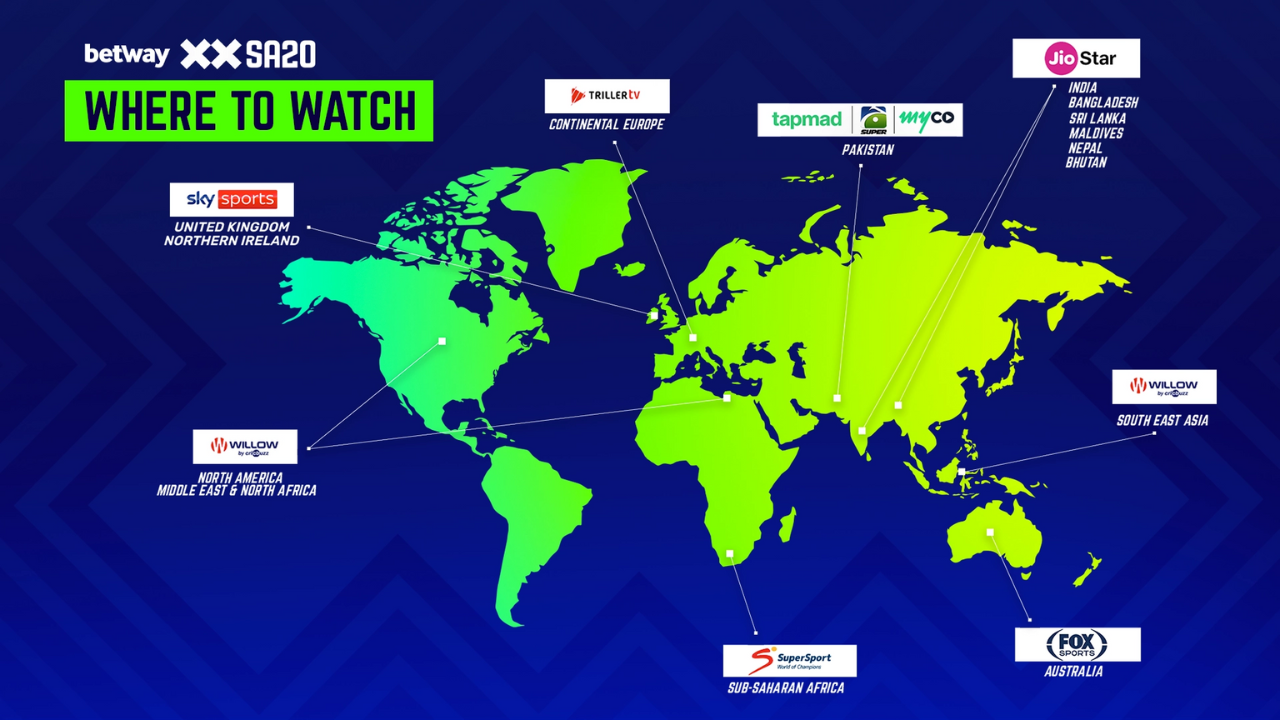 World map showing SA20 2025 broadcast partners by region, including Sky Sports in the UK, Willow TV in North America and Southeast Asia, SuperSport in Sub-Saharan Africa, TrillerTV in Europe, JioStar in South Asia, Tapmad and MyCo in Pakistan, and Fox Sports in Australia.