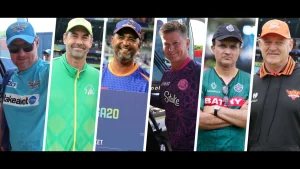 Collage of SA20 head coaches Lance Klusener, Stephen Fleming, Robin Peterson, Trevor Penney, Sourav Ganguly, and Adrian Birrell wearing their team jerseys
