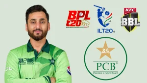 Pakistani cricketer Salman Ali Agha with logos of PCB, BBL, BPL, and ILT20 leagues on a light green background