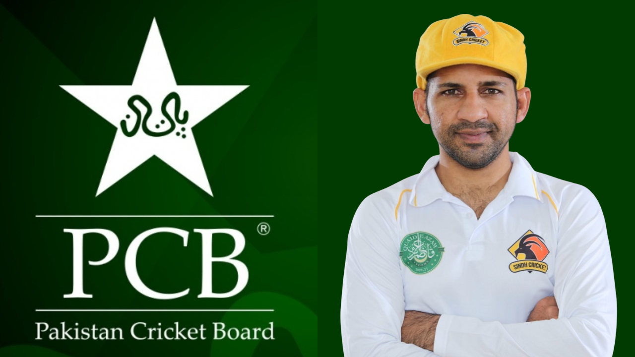 Sarfaraz Ahmed in Sindh cricket team uniform standing beside the Pakistan Cricket Board (PCB) logo on a green background