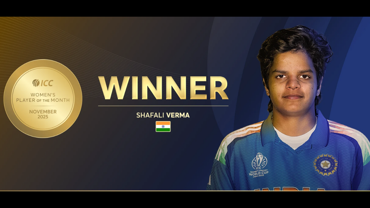 Shafali Verma named ICC Women’s Player of the Month for November 2025, shown in India jersey with award graphic in background