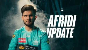 Shaheen Shah Afridi wearing the Brisbane Heat jersey with "Afridi Update" text in the background, ahead of BBL news.