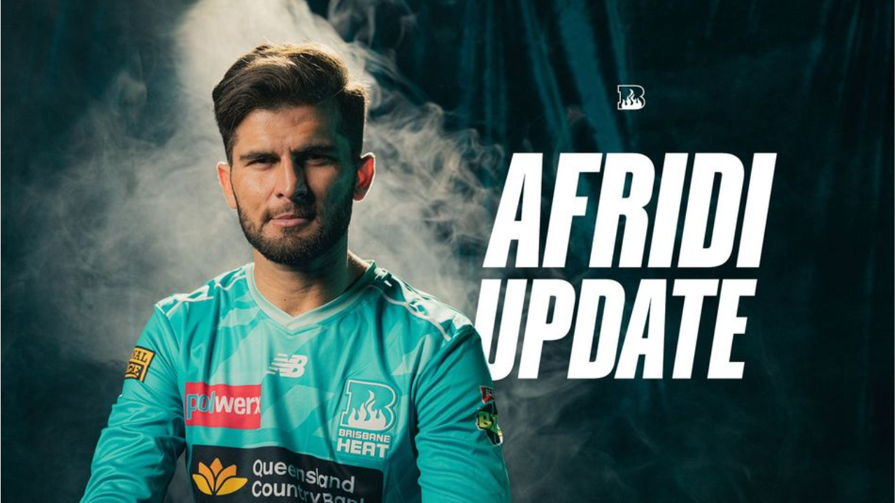 Shaheen Shah Afridi wearing the Brisbane Heat jersey with "Afridi Update" text in the background, ahead of BBL news.