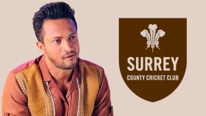 Shakib Al Hasan pictured beside the Surrey County Cricket Club (Surrey CCC) logo on a neutral background.