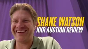 Former Australian cricketer Shane Watson smiling during a video call, with text overlay reading “Shane Watson KKR Auction Review” on a purple background.