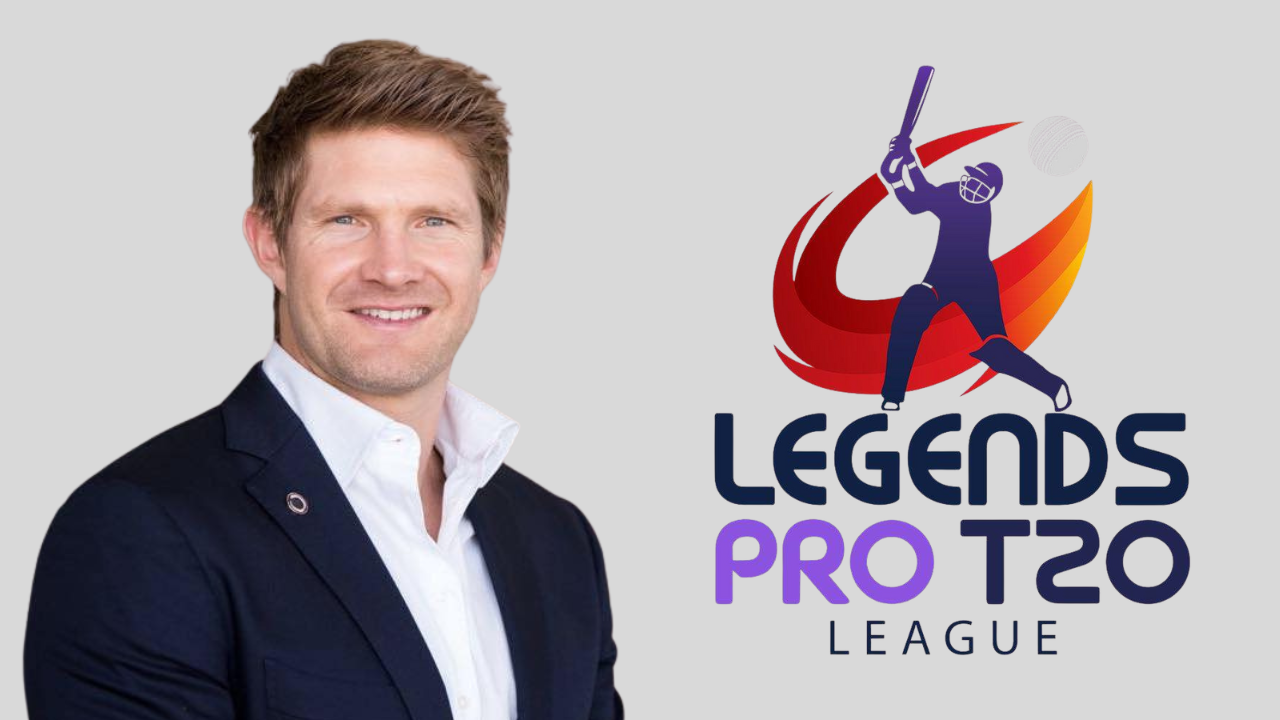 Shane Watson smiling next to the Legends Pro T20 League logo, representing his role in the 2025 cricket tournament.