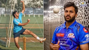 Split image of Shardul Thakur bowling in practice nets and posing in Mumbai Indians jersey for IPL 2025