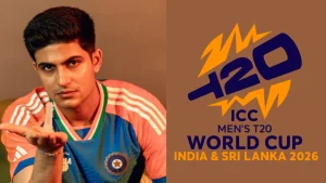 Shubman Gill in India’s cricket jersey with the ICC Men’s T20 World Cup 2026 logo, jointly hosted by India and Sri Lanka, on a split-screen background.