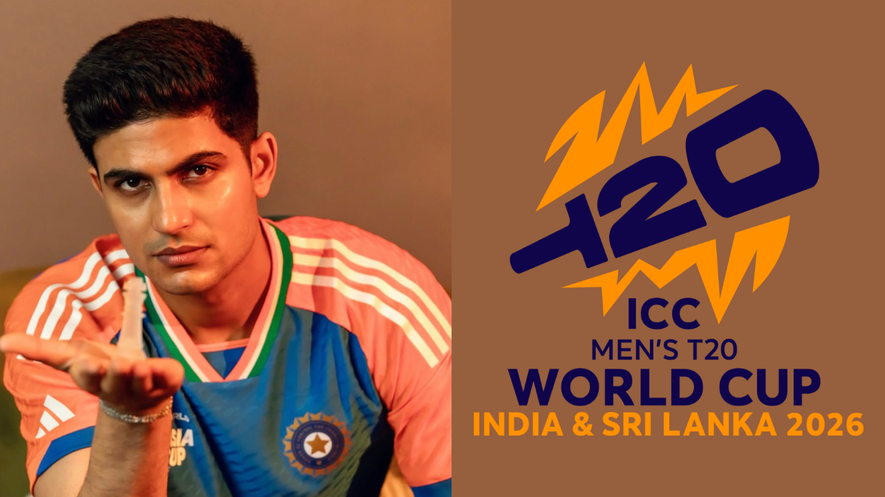 Shubman Gill in India’s cricket jersey with the ICC Men’s T20 World Cup 2026 logo, jointly hosted by India and Sri Lanka, on a split-screen background.