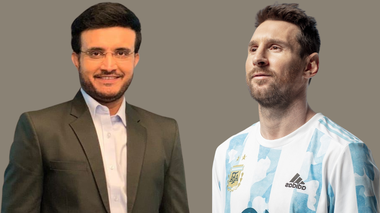 Sourav Ganguly in a suit and Lionel Messi in Argentina football jersey on a neutral grey background.