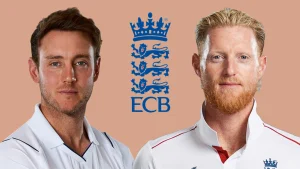 Stuart Broad and Ben Stokes posing in England cricket kits with the ECB (England and Wales Cricket Board) logo in the background.