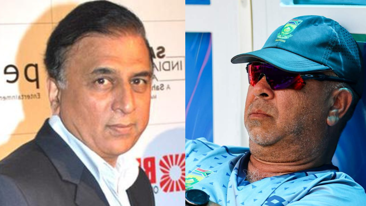 Sunil Gavaskar and Shukri Conrad pictured side by side, representing cricket legends and coaches from India and South Africa in 2025.