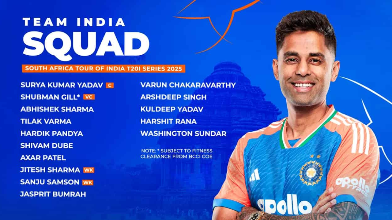 Suryakumar Yadav with the announced Indian squad for the South Africa T20I series 2025.