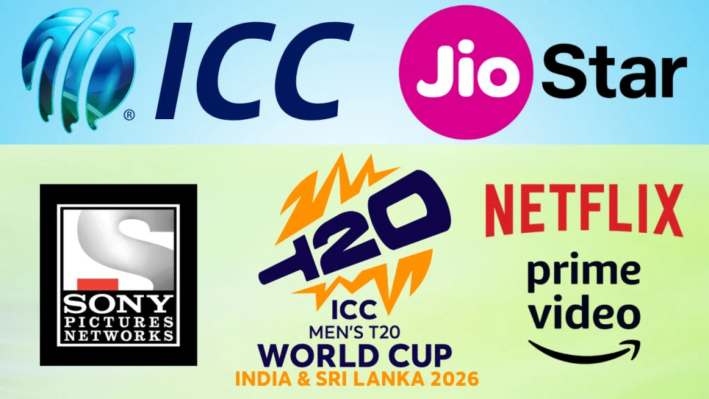 Logos of ICC Men's T20 World Cup 2026 India & Sri Lanka, alongside streaming and broadcast partners including JioStar, Prime Video, Netflix, Sony Pictures Networks, and ICC.