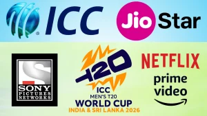 Logos of ICC Men's T20 World Cup 2026 India & Sri Lanka, alongside streaming and broadcast partners including JioStar, Prime Video, Netflix, Sony Pictures Networks, and ICC.