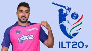 Tabraiz Shamsi in Rajasthan Royals jersey posing beside the ILT20 league logo on a light blue background