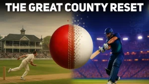 Split image showing traditional county cricket on the left and modern T20-style cricket on the right, with a cricket ball transitioning between eras under the title "The Great County Reset"