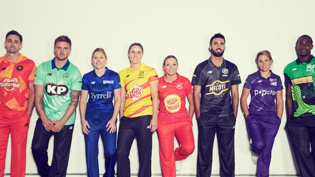 Male and female cricketers wearing The Hundred 2025 team jerseys, representing all eight franchises in official kit launch