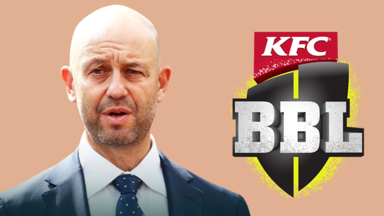 Todd Greenberg standing next to the KFC Big Bash League (BBL) logo on a peach background.