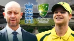 Todd Greenberg and Steve Smith at Melbourne Cricket Ground with ECB and Cricket Australia logos in the background.