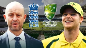 Todd Greenberg and Steve Smith at Melbourne Cricket Ground with ECB and Cricket Australia logos in the background.