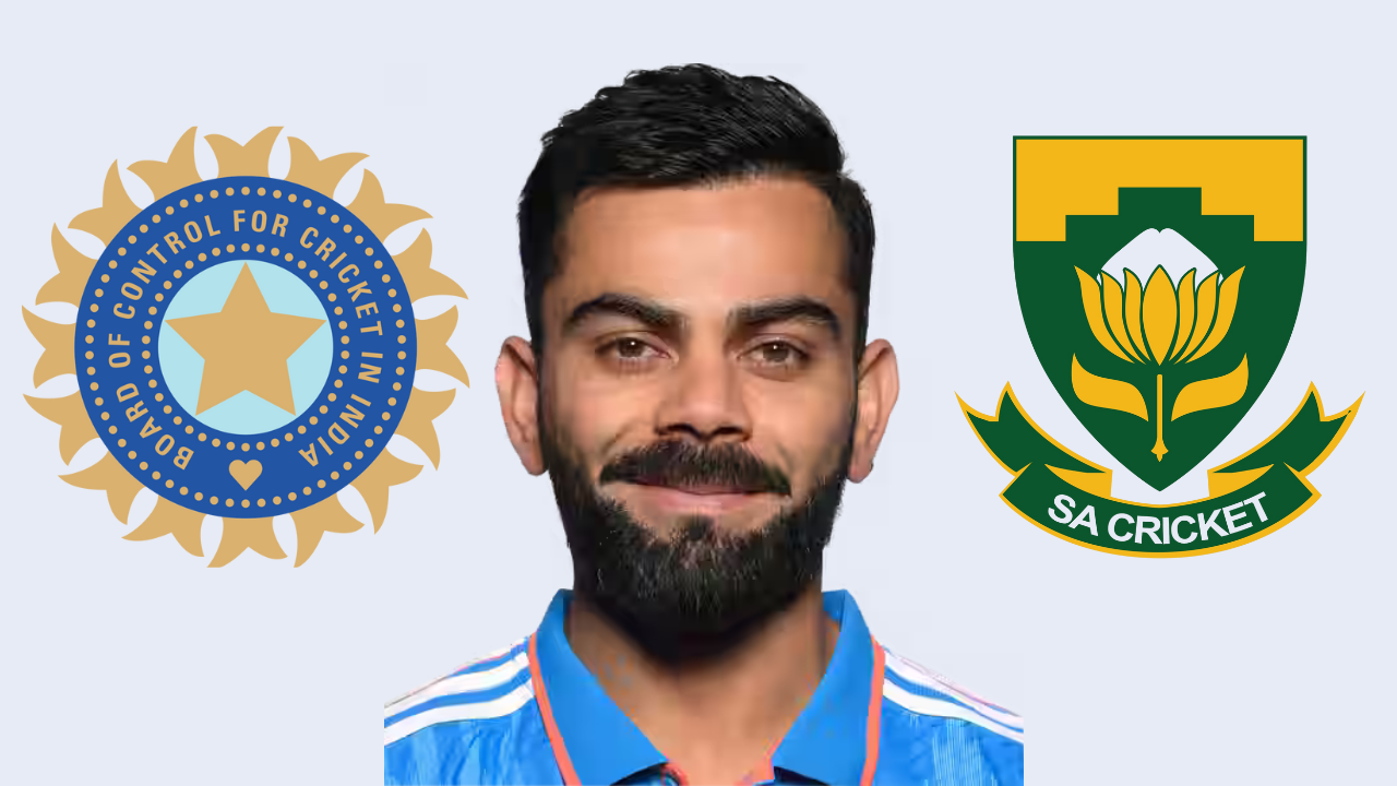 Virat Kohli with BCCI and Cricket South Africa logos, representing India vs South Africa cricket series 2025