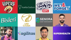 Virat Kohli, MS Dhoni, and Ajinkya Rahane featured alongside logos of cricket brands and sponsors including Desert Vipers, UAE Cricket, Super Smash, Bisleri, Agilitas, and more