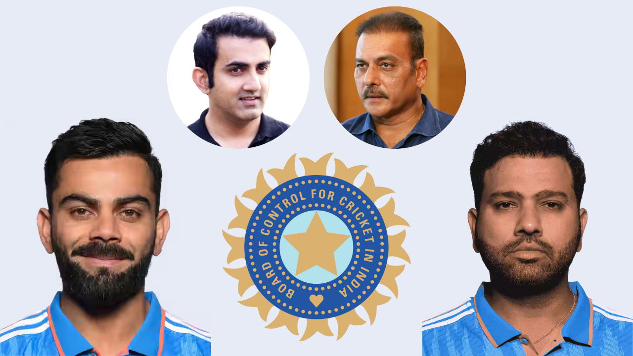Collage featuring Virat Kohli, Rohit Sharma, Gautam Gambhir, Ravi Shastri, and the BCCI logo representing Indian cricket leadership and governance.