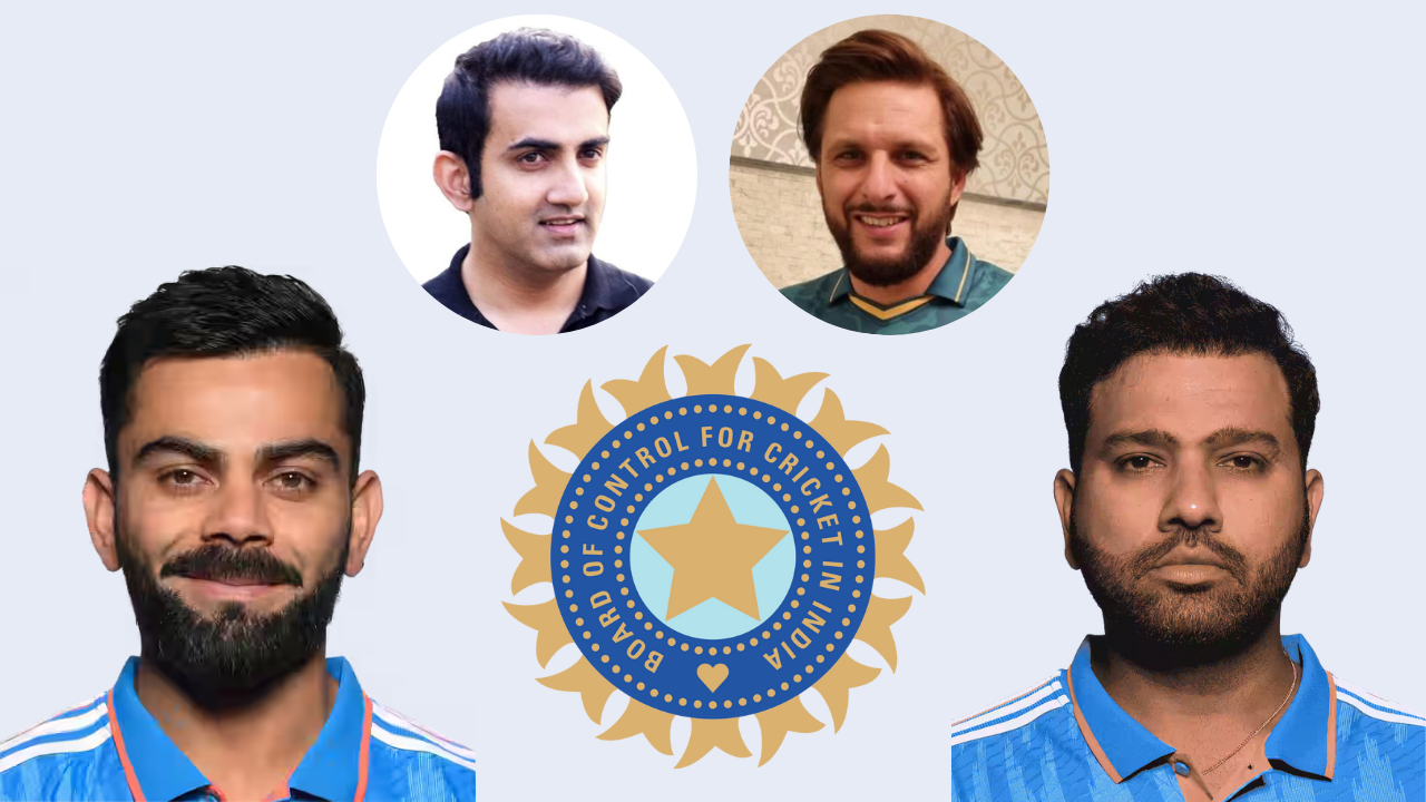 Virat Kohli and Rohit Sharma in India jerseys with BCCI logo, alongside portraits of Gautam Gambhir and Shahid Afridi