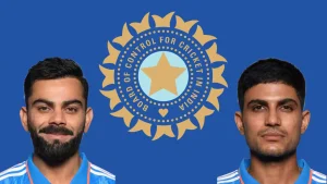 Indian cricketers Virat Kohli and Shubman Gill in blue jerseys with the BCCI (Board of Control for Cricket in India) logo in the background on a blue backdrop.
