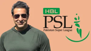 Wasim Akram wearing sunglasses in front of the Pakistan Super League (PSL) logo on a peach background