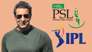 Wasim Akram with logos of Pakistan Super League (PSL) and Indian Premier League (IPL) on a peach background